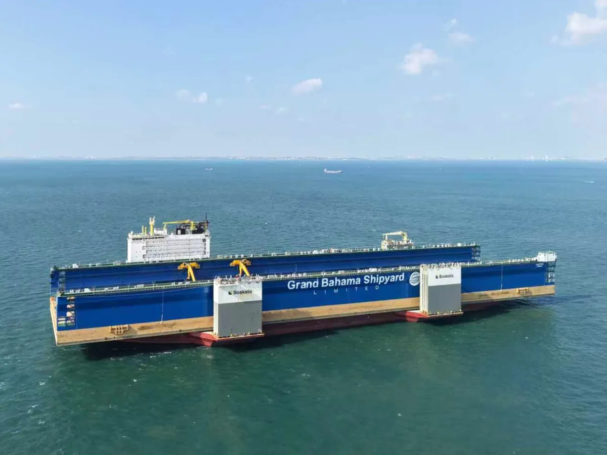 Grand Bahama Shipyard’s East End floating dry dock on the heavy lift ship Boka Vanguard on its way to Freeport, Grand Bahama